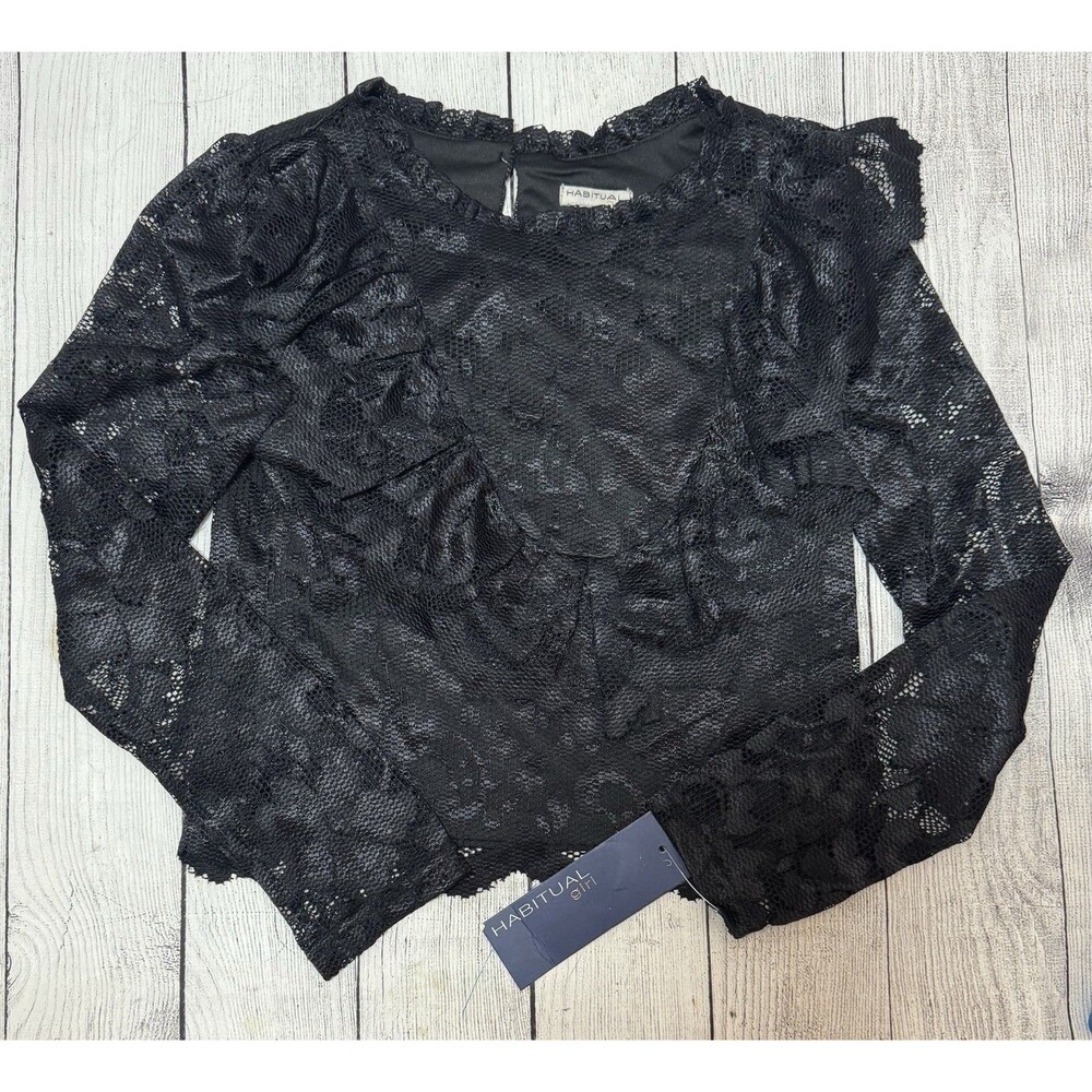 HABITUAL Kids Girl's Long Sleeve Lace Top In Black Size 10